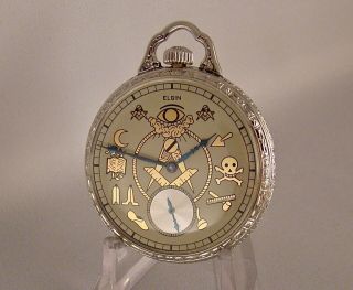 92 Years Old Elgin 17j 14k White Gold Filled Open Face Masonic Dial Pocket Watch