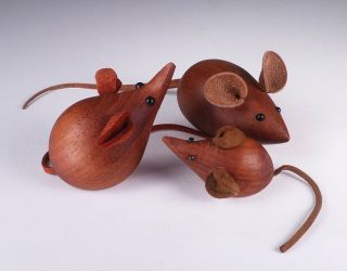 3 Vintage Mid - Century Modern Teak & Leather Mice,  H,  F & Bravex Denmark ‘50s