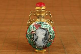 Chinese Old Copper Carved Belle Statue Snuff Bottle