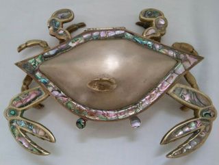 Mid Century 3d Hand Wrought Brass Abalone Crab Dish Hinged Lid Mark Mexico