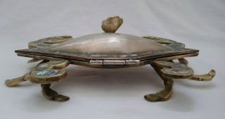 Mid Century 3D Hand wrought Brass Abalone Crab Dish hinged lid mark Mexico 3