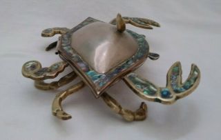 Mid Century 3D Hand wrought Brass Abalone Crab Dish hinged lid mark Mexico 4