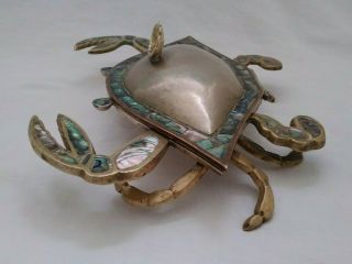 Mid Century 3D Hand wrought Brass Abalone Crab Dish hinged lid mark Mexico 5