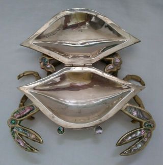 Mid Century 3D Hand wrought Brass Abalone Crab Dish hinged lid mark Mexico 8