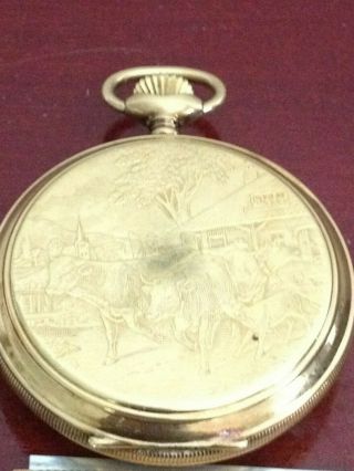 GOLD PLATED ARNEX 17 JEWELS INCABLOC EAGLESTAR RACING HORSE SWISS POCKET WATCH. 10