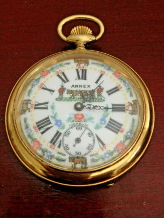 GOLD PLATED ARNEX 17 JEWELS INCABLOC EAGLESTAR RACING HORSE SWISS POCKET WATCH. 2