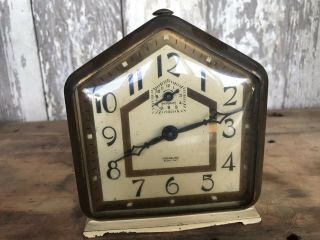 Vintage Ingraham Treasure Eight Day Alarm Clock Gothic Steeple Metal Case