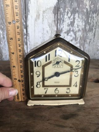 Vintage Ingraham Treasure Eight Day Alarm Clock Gothic Steeple Metal Case 2