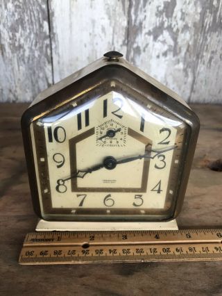 Vintage Ingraham Treasure Eight Day Alarm Clock Gothic Steeple Metal Case 3