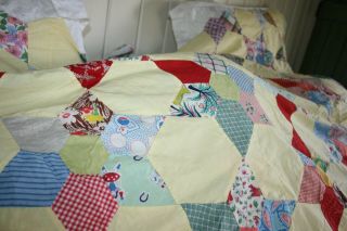 Vintage 1930 ' s 40 ' s Cotton Feedsack Fabric Star QUILT TOP 64 x 90 Hand done 2