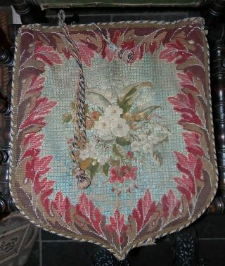 Antique Tapestry Pennant Shield Wall Hanging Embroidery Fabric Flag Bead Work