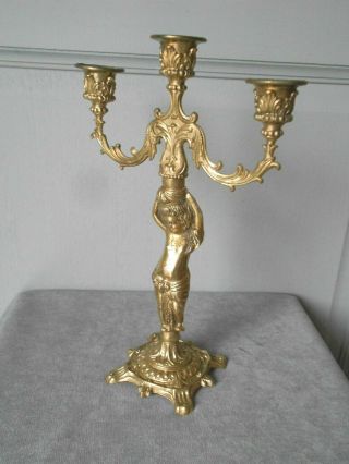 French Antique Bronze Figural Candle Holder W/ Putto