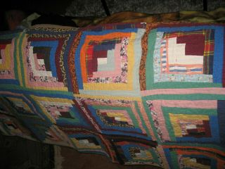 Antique Hand Stitched Log Cabin Quilt Vintage Cutter Primitive Decor 74 x 64 4