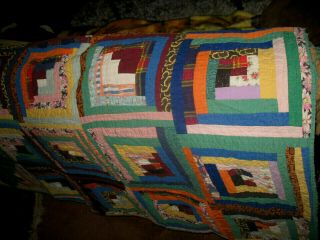 Antique Hand Stitched Log Cabin Quilt Vintage Cutter Primitive Decor 74 x 64 5