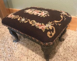Vintage Needlepoint Petit Point Tapestry Foot Stool Cast Metal Floral