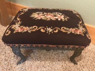 Vintage Needlepoint Petit Point Tapestry Foot Stool Cast Metal Floral 2