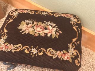 Vintage Needlepoint Petit Point Tapestry Foot Stool Cast Metal Floral 3