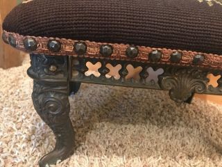 Vintage Needlepoint Petit Point Tapestry Foot Stool Cast Metal Floral 4