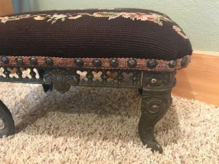 Vintage Needlepoint Petit Point Tapestry Foot Stool Cast Metal Floral 5