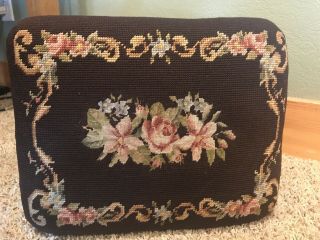 Vintage Needlepoint Petit Point Tapestry Foot Stool Cast Metal Floral 6