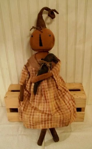 Primitive Grungy Orange Pumpkin Lady Halloween Doll W/curly Stem & Little Crow