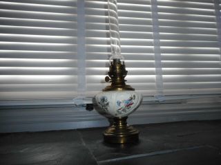 Antique French Paris J.  R.  Bec Rond Oil Lamp With Floral Ceramic Font