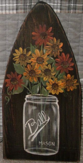 Primitive Hp Folk Art Prim Ball Jar Of Fall Sunflowers Stretcher