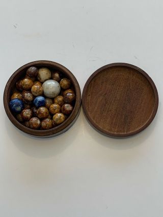 Vintage 1800’s Civil War Era Marbles In Period Wood Snuff Container