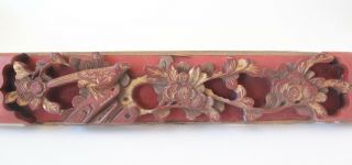 Antique Chinese Carved Wood Panel Bird Flowers 18 Inches Red Gold