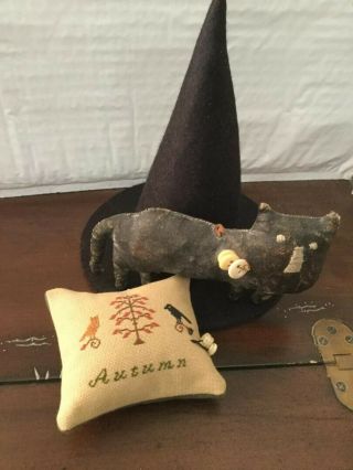 Primitive Handmade Halloween Gathering - Witch Hat,  Black Cat,  Bowl Filler