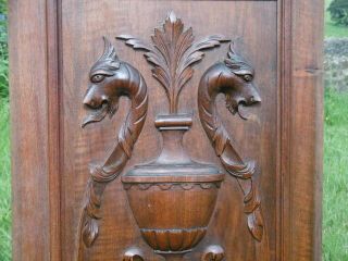 19thc Gothic Mahogany Carved Panel With Gargoyles & Central Urn (2)