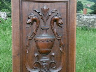 19thc Gothic Mahogany Carved Panel With Gargoyles & Central Urn