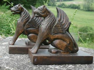 Pr Gothic Oak Carved Winged Gargoyle Figures In Sitting Pose C.  1920 