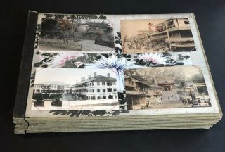 Antique Japanese Postcard Album Hand Painted Silk No Cover France Egypt Malta