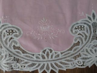 GORGEOUS Baby PINK Tambour Lace ? & Embroidery Vintage TAblecloth w/Napkins 2