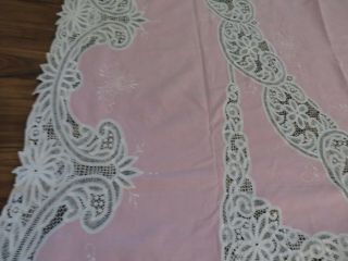 GORGEOUS Baby PINK Tambour Lace ? & Embroidery Vintage TAblecloth w/Napkins 3