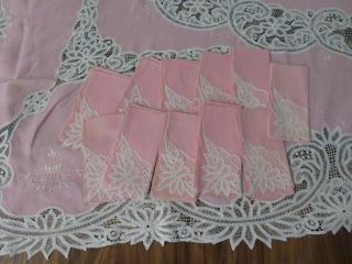 GORGEOUS Baby PINK Tambour Lace ? & Embroidery Vintage TAblecloth w/Napkins 4