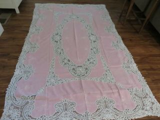 GORGEOUS Baby PINK Tambour Lace ? & Embroidery Vintage TAblecloth w/Napkins 5