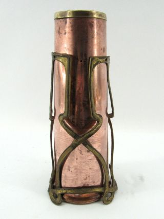 Unique C.  1910 Arts & Craft Copper Vase In Brass Holder