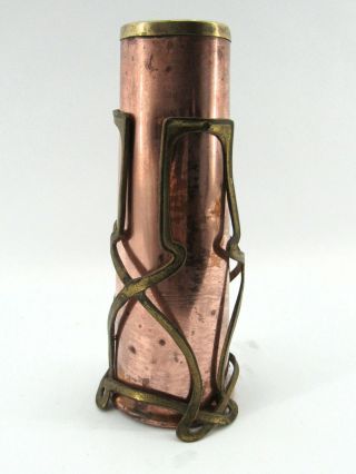 Unique C.  1910 Arts & Craft Copper Vase in Brass Holder 2