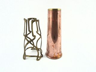 Unique C.  1910 Arts & Craft Copper Vase in Brass Holder 3