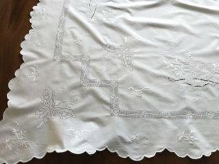 Gorgeous Vintage Hand Embroidered White Cotton Butterflies Flowers Table Cloth