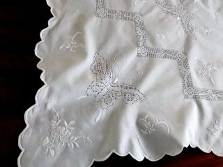 Gorgeous Vintage Hand Embroidered White Cotton Butterflies Flowers Table Cloth 4