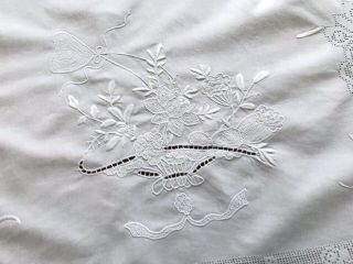 Gorgeous Vintage Hand Embroidered White Cotton Butterflies Flowers Table Cloth 5
