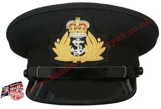 Royal Navy Officer Black Cap,  Naval Peak Cap,  R N Cap Bullion Badge Military Hat