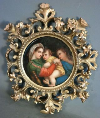 Antique Madonna & Jesus Old Porcelain Portrait Painting Wood Rococo Gesso Frame