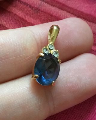 Vintage Antique Gold Blue Sapphire Gemstone Crystal Pendant Charm Estate Find