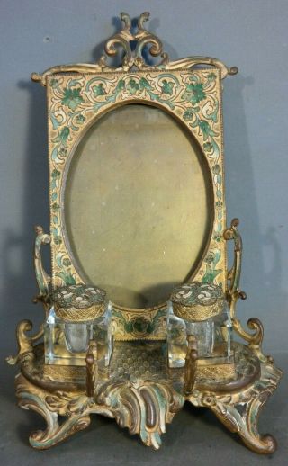 Antique Art Nouveau Frame 24k Gold & Enamel Inlay Old Ladies Inkwell Dresser Set