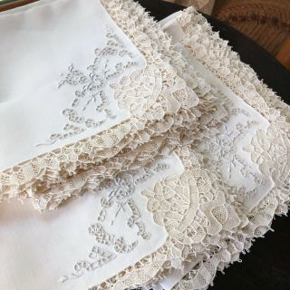 Antique Italian Needle Lace Napkin Set Of 12 Embroidered Cutwork Linen Vintage