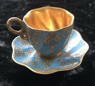 Antique Coalport Cup And Saucer Demitasse.  Stunning Light Blue And Gold